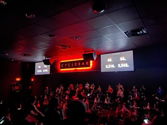 Inside a spin class at CYCLEBAR in downtown Berkeley.