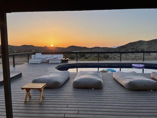 Pool, deck, sunset.