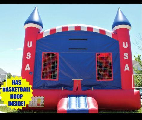 USA Bounce House with basketball hoop