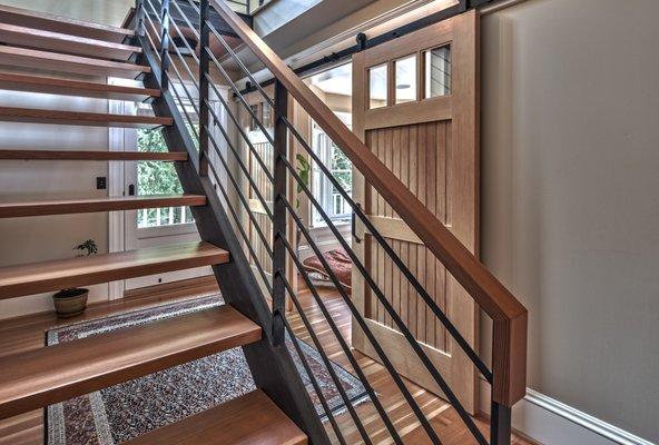 Double Stringer Stairs with Rod Bar & Wood Top Railing System