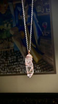 Hand wrapped quartz pendant by Heather Pilapil. Learn more here: https://www.heatherpilapil.com/product-page/crystal-pendant-tumbled-quartz