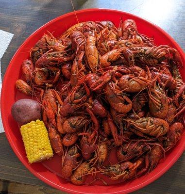 Boiled crawfish, corn and potato.