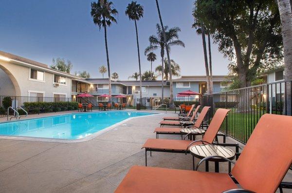 Swimming pool surrounded by lounge chairs.