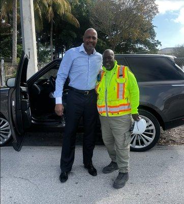 Skilled Staffing employee at a groundbreaking ceremony with Miami Heat's Alonzo Mourning