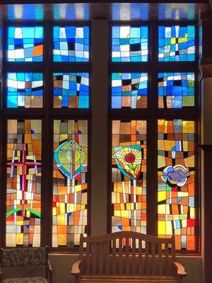 Stained glass window details near the chapel