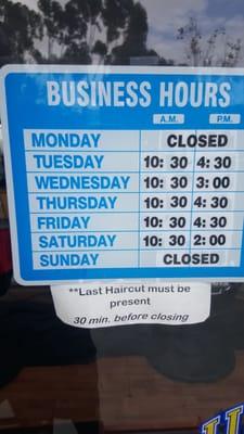 Who's Next Barbershop's
 Hours of Operation