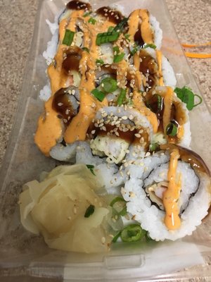 Shrimp tempura roll $12. Very spicy mayo on top