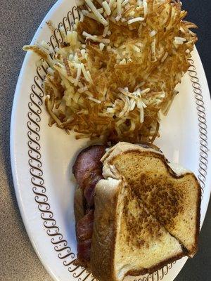 Texas Bacon Patty Melt and hash browns