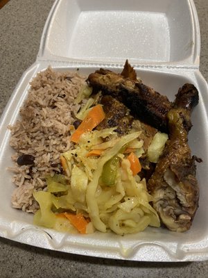 Cabbage w/veggies, rice & beans, jerk chicken