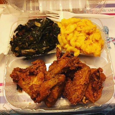 Fried chicken, Mac n cheese and Collard Greens.