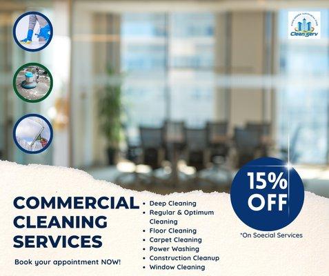 Our aim is your satisfaction. Hurry up and enjoy a 15% off on our special cleaning services.