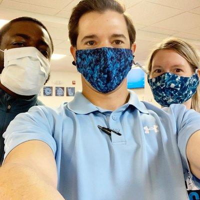 Masks on and ready to serve our clients! We offer PT in clinic, in the home, and through telemedicine.