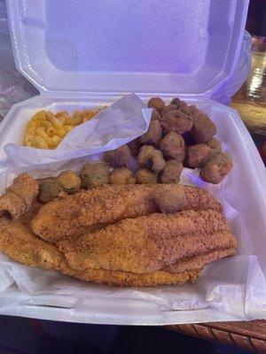 Catfish plate, Mac and cheese, okra