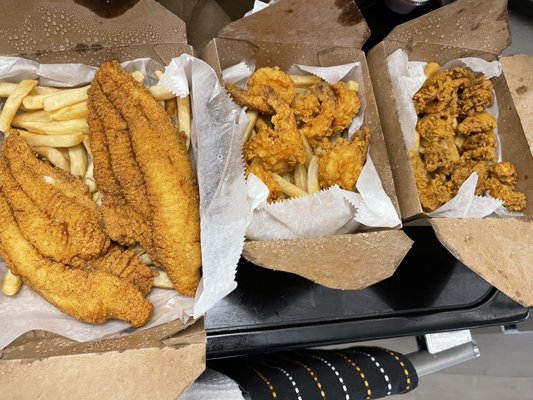 Fried catfish basket, fried shrimp basket, and Fried Oyster Basket