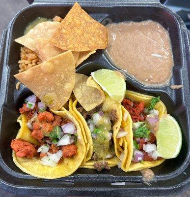 3 Tacos, Rice, Beans, salsas, and chips plate 
#LVTACO