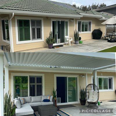 Small patio before and after louvered awning