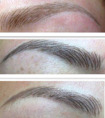 Microblading is done with a hand tool that is precise at depositing extremely fine like hairs throughout the eyebrow.