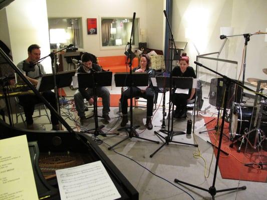 Seattle Jazz Composers Ensemble recording in the studio at Jack Straw