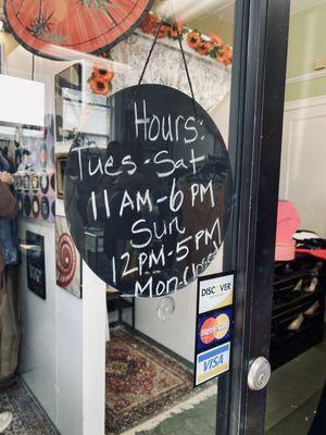 Hours : Tues - Sat 11 am - 6 pm  Sun  12pm - 5pm  Mon Closed