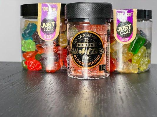 Gummy bears and gummy squares.