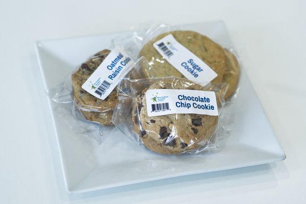 Oatmeal Raisin, Sugar, and Chocolate Chip cookies made on-site in the DSA Cafe kitchen