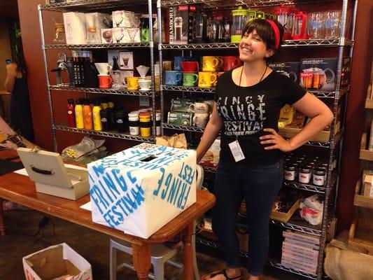 The beautiful and upbeat Leyla working the door for Papa Squat's Store of Sorts at The Coffee Emporium. Fringe 2014.