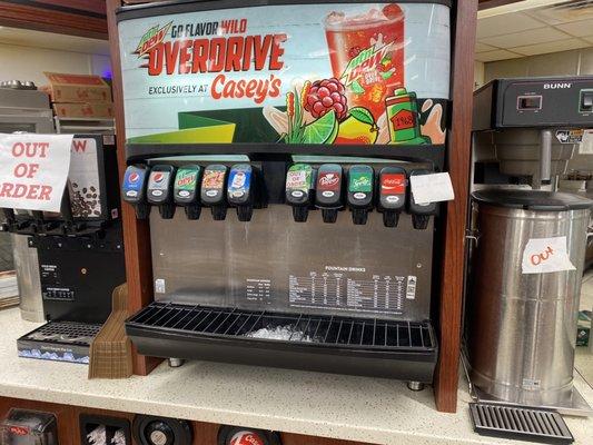 Other cold coffee machine out of order; three flavors on the fountain machine are out; tea is out