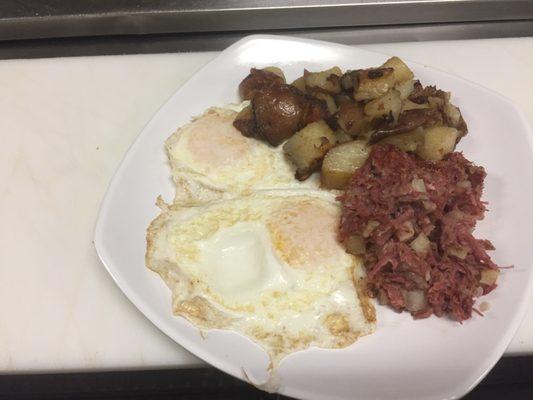 Eggs, Corn-beef Hash, and Home fries