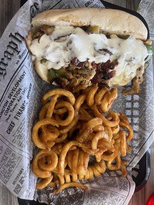 Chicken cheesesteak and curly fries