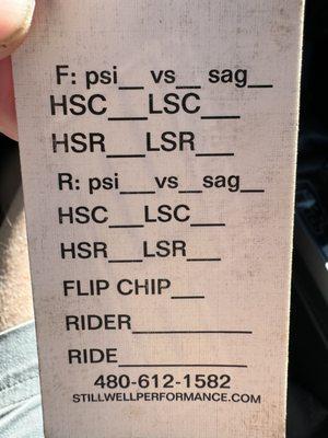 Suspension setting card.