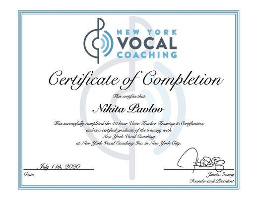 Certificate of completion vocal coaching program - by "New York Vocal Academy"