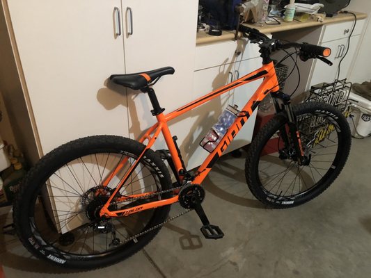 Giant Mountain bike with tubeless tires. Awesome bike and I'm not a typical biker.