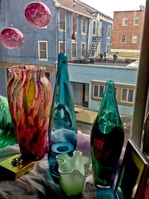 Exquisite "hand blown glass vases"on sale at the Flat Iron Gallery in Peekskill..2nd floor of the historic flatiron bldg.