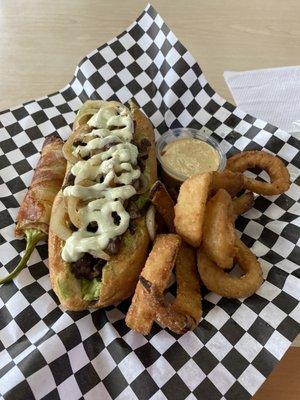 Hulk dog combo with onion rings