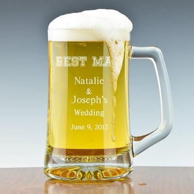 Groomsmen Gifts such as this pictured beer mug, as well as a wide selection of flasks, canteens and shot glasses.