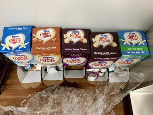 Variety of creamer options in the waiting area