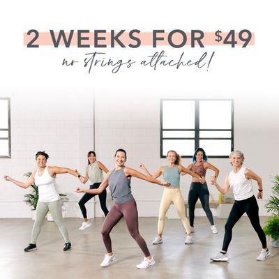 Dance, sweat and say hello to your new favorite workout with this exclusive offer! Get 2 weeks of in studio workouts for just $49!