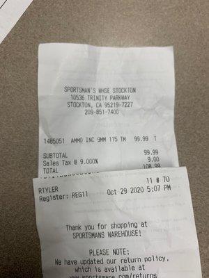 Check out the time I was rang up, 5:07 pm. Stood in line with only one person in front of me at 3:50 pm!! Just to buy one box of ammo!