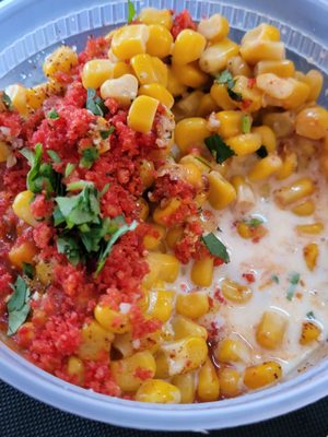 Elote with crumbled hot cheetos