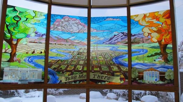 "Take Me There" centennial Legacy Art Project - Stained Glass Window.  Created by Donna Pence and Paul Heath.