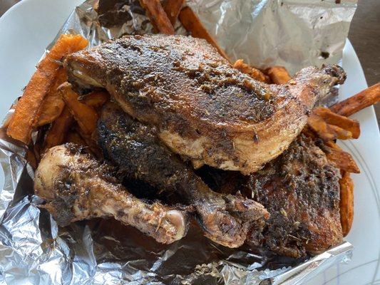 Jerk chicken and sweet potato fries