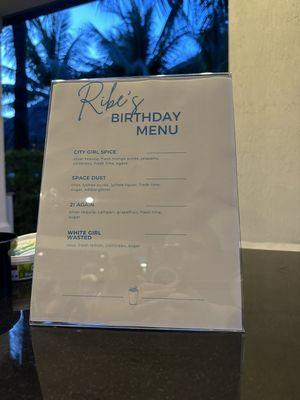 Customized birthday menu