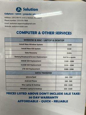 computer repair service pricelist