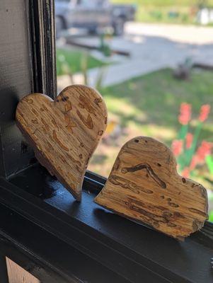 Fusion Custom Art handcrafted wooden hearts from Texas hardwoods.