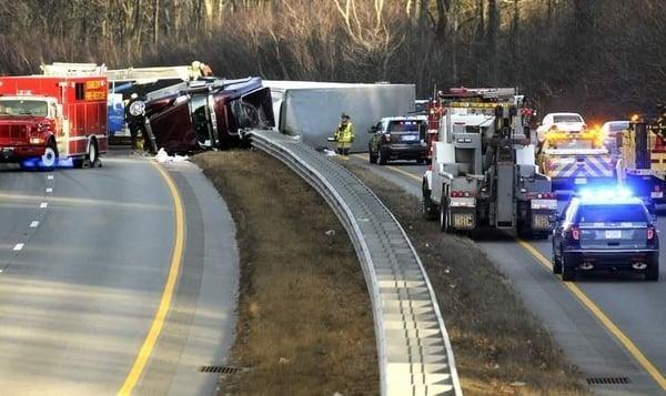 Looking east bound on the Mass Pike a tractor trailer overturned in Charlton at approximately 2pm. Please drive safely.