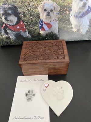 Popo came home with a beautiful wooden urn box, paw print on ceramic and paw print cards