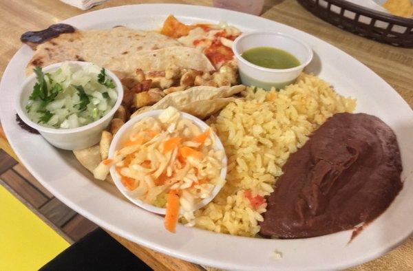 Combo #12: pupusa, burrito, taco, rice & beans