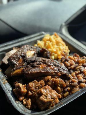 3 Meat Combo (Brisket, Ribs, Turkey Tips) with Mac & Cheese and Brisket Baked Beans