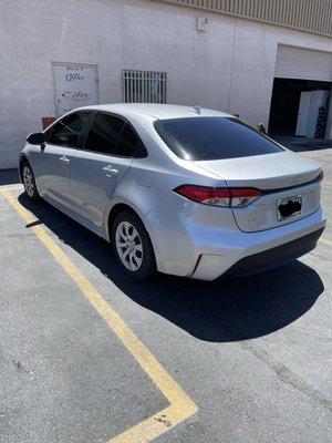 All ready to go home after a new floor, rear body panel, trunk lid and bumper cover.