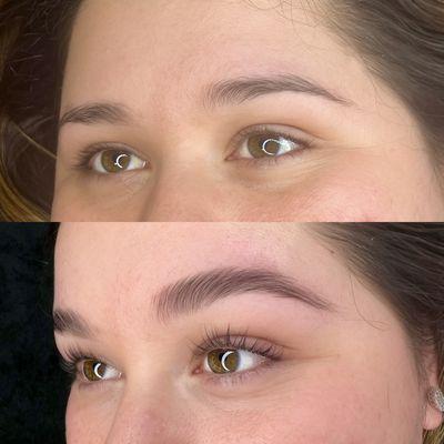 Before and after of a brow & lash lamination and tint